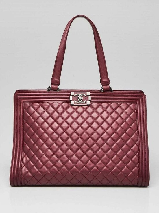 CHANEL Handbags - Chanel Metallic Burgundy Quilted Leather Large Boy Tote Bag